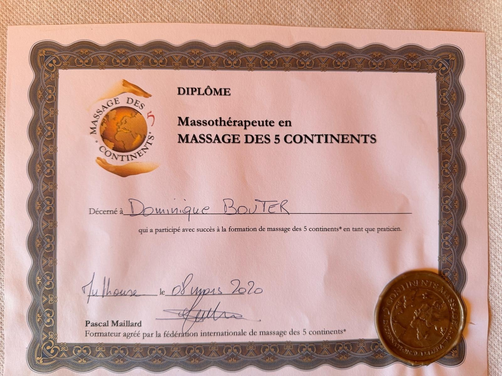 Diplôme, Massage des 5 Continents