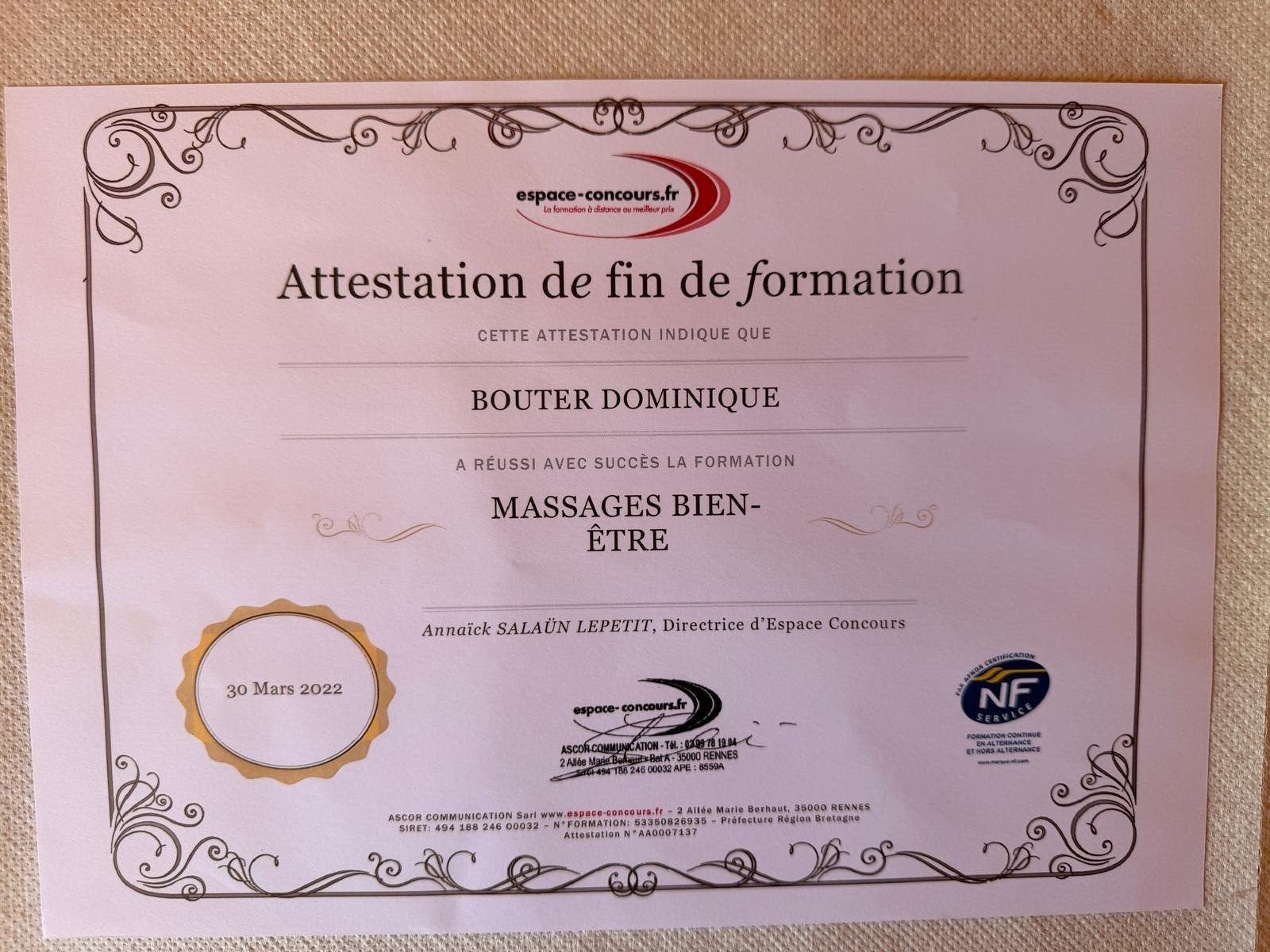 Diplôme, Massage Bien-Être