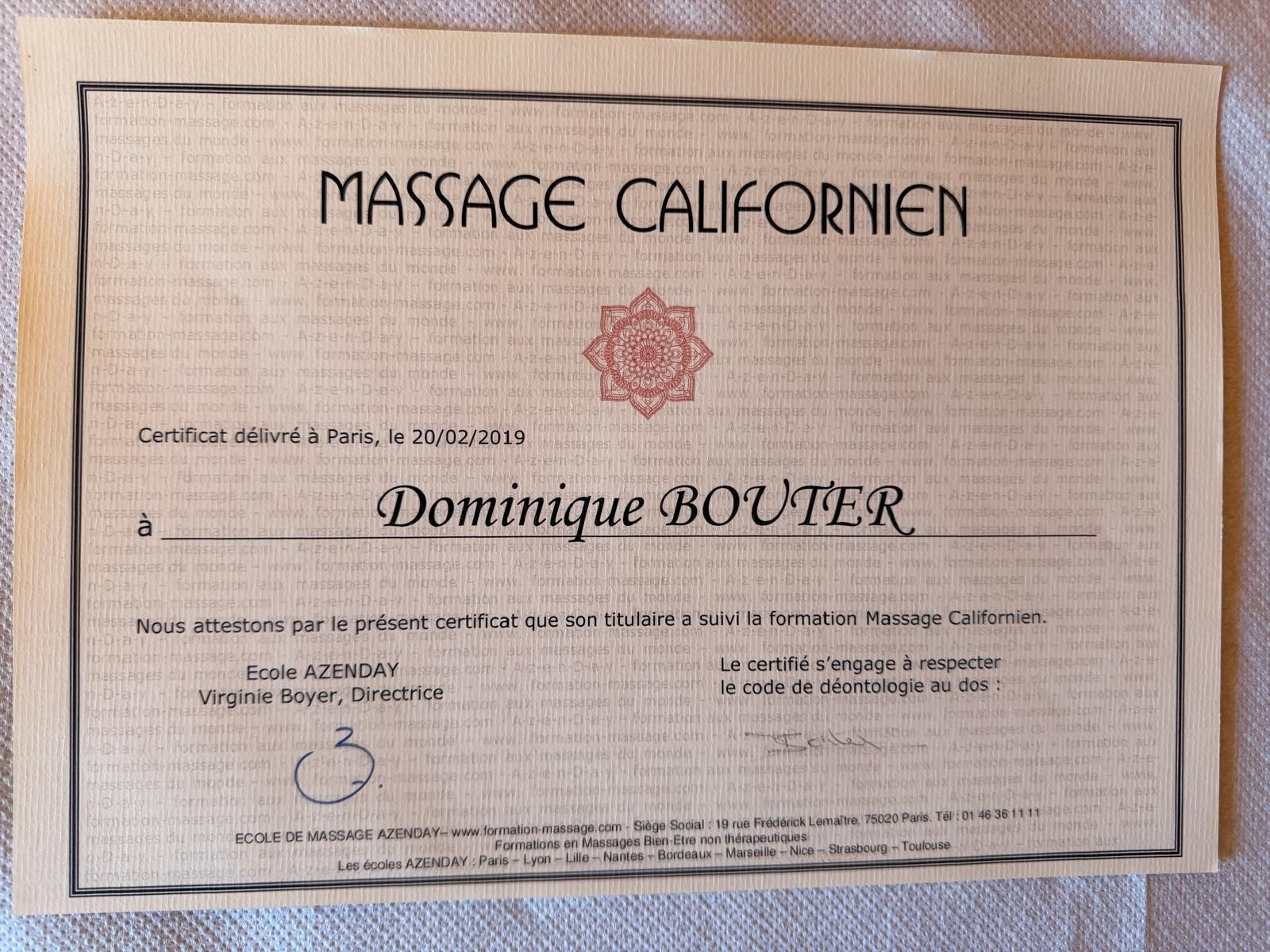 Diplôme, Massage Californien