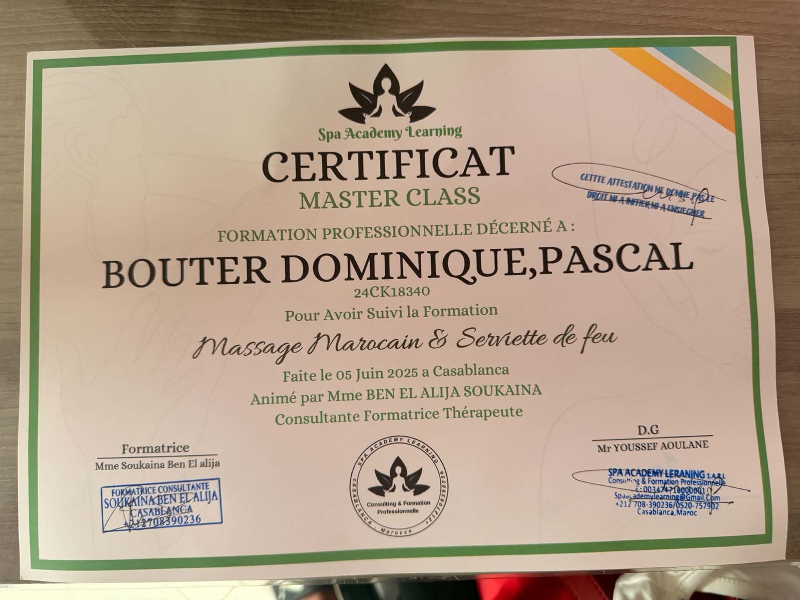 Diplôme, Massage Marocain & Serviette de Feu